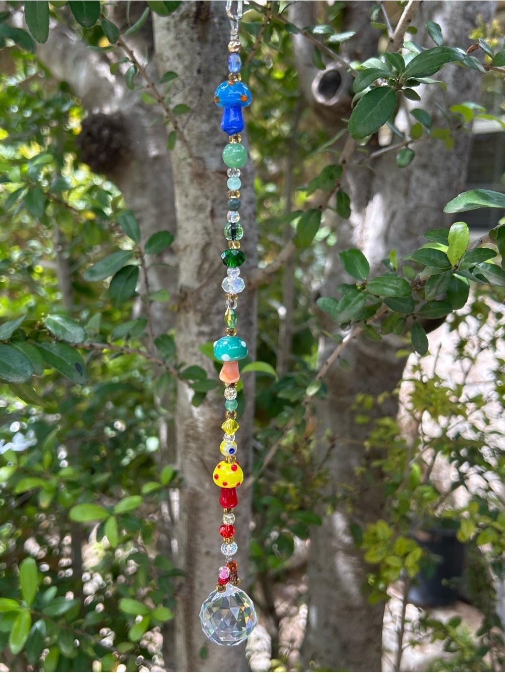 12” handmade rainbow mushroom crystal beaded strand suncatcher